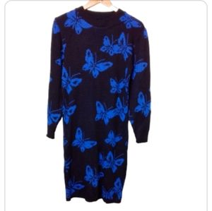 Long sleeve midi sweater dress black with blue butterflies medium